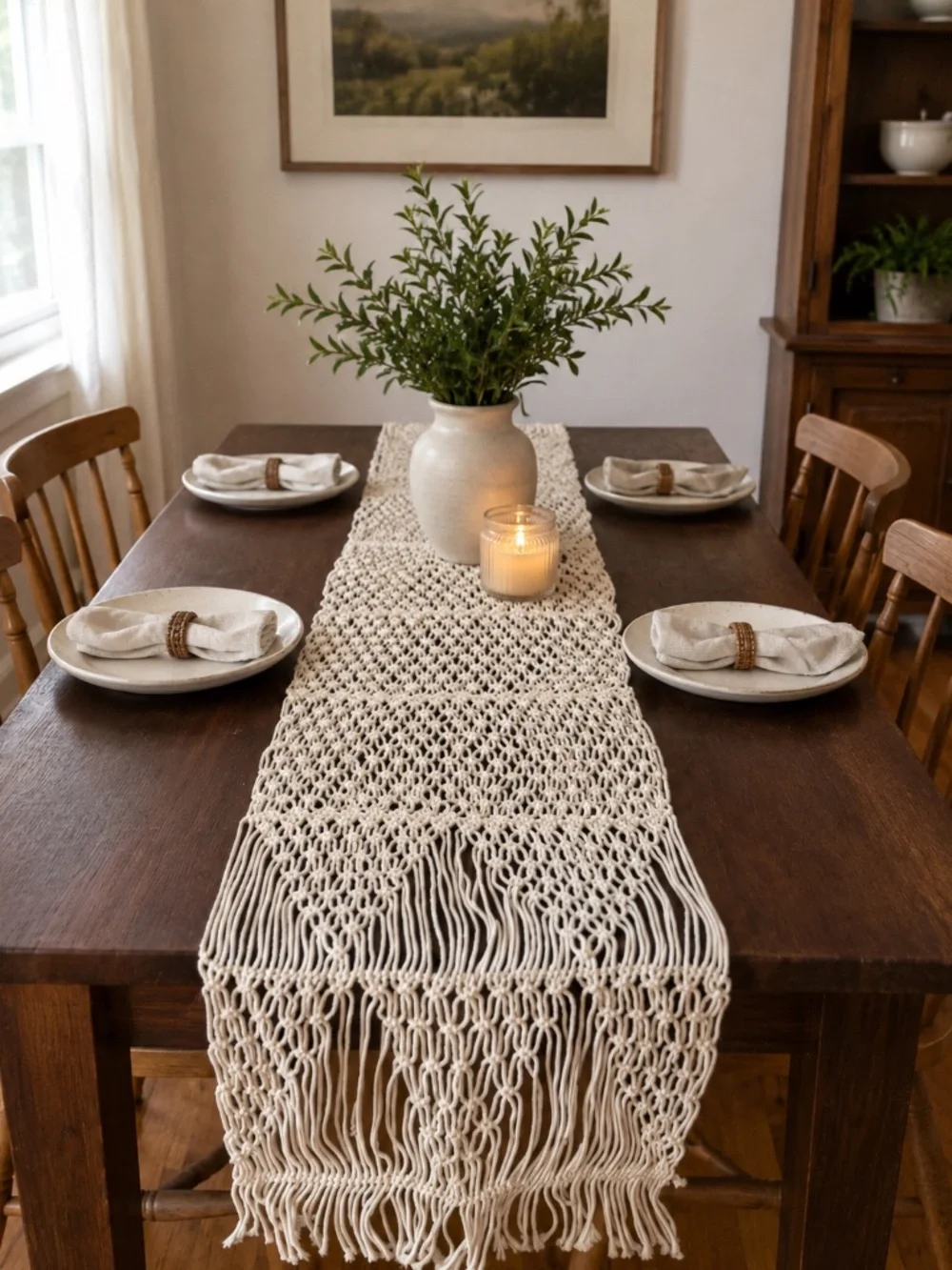 Handmade Macramé Table Runner Boho Cotton Fringe Natural Ivory Knotted Decor